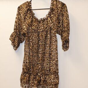 Leopard Print Sheer Ruffled Dress With 3/4 Sleeves & Elastic Hem Womens Size L B